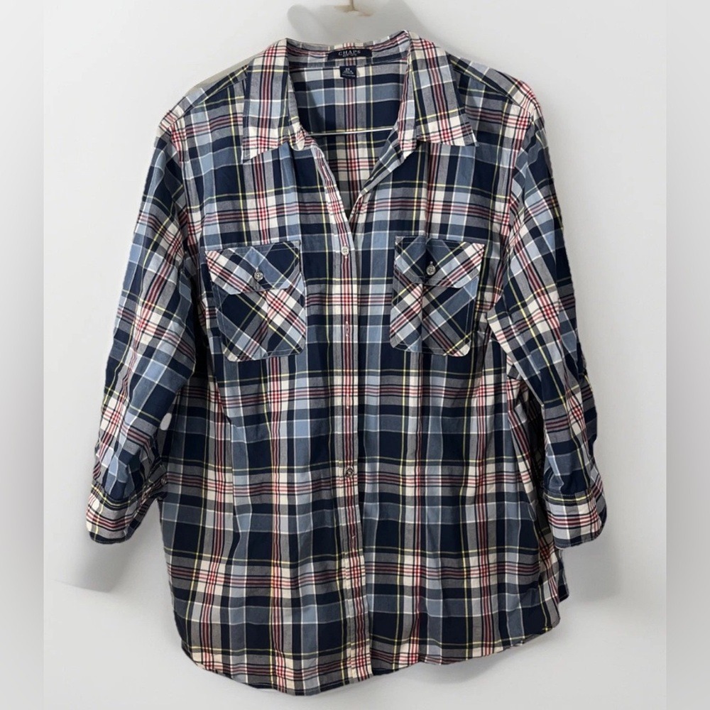 Chaps Women's 2X Red White Blue Plaid Button Front Cotton Shirt 3/4 sleeves